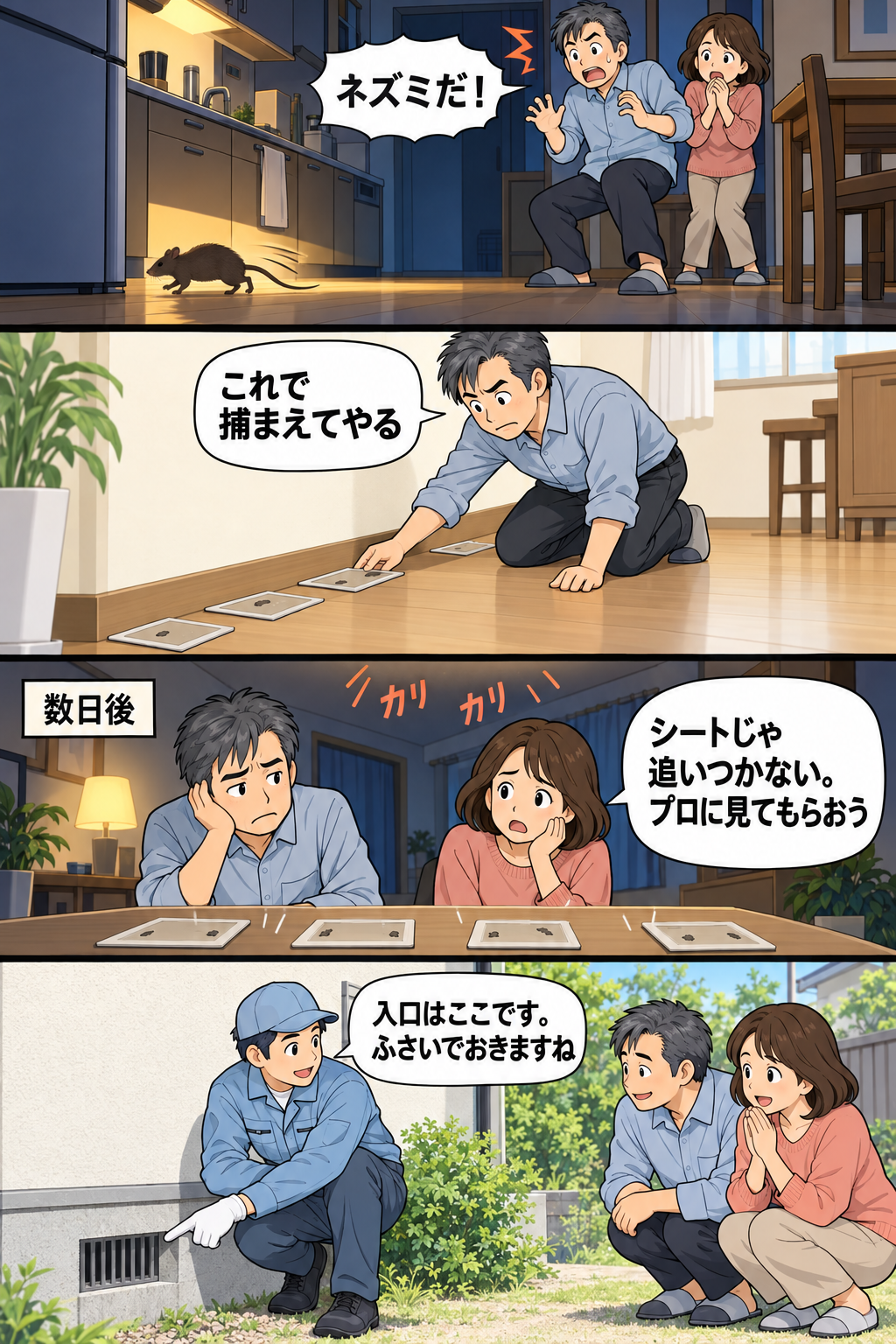 岐阜市の50代夫婦が台所でネズミを見つけ、粘着シートで追いつかずプロに入口をふさいでもらう4コマ漫画