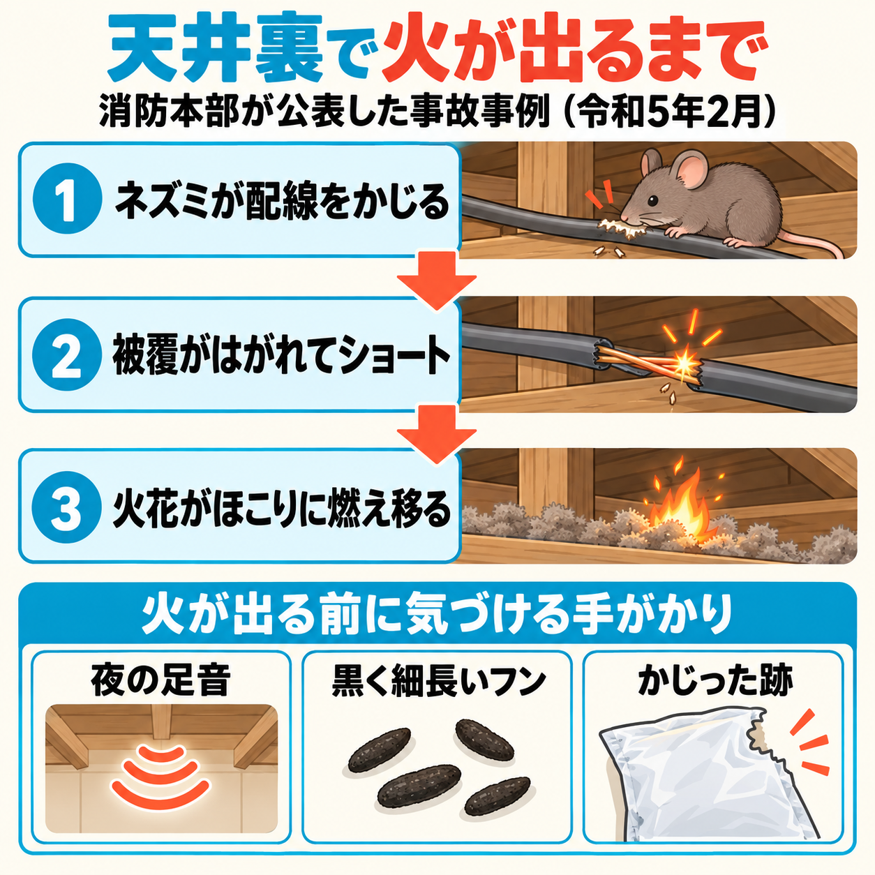 岐阜市消防本部が公表した事故事例をもとに、ネズミが天井裏の配線をかじってから火が出るまでの3段階と、気づける手がかり3つを示した図解