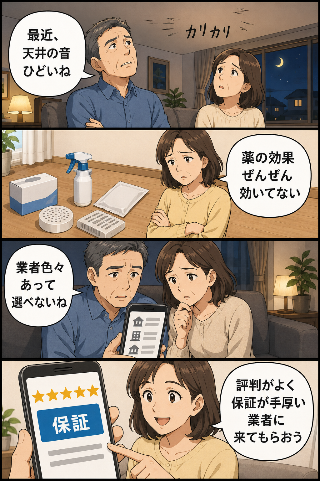 浜松市の夫婦が天井の物音に気づき、市販の薬が効かず、業者選びに迷ったすえに評判と保証で決める4コマ漫画