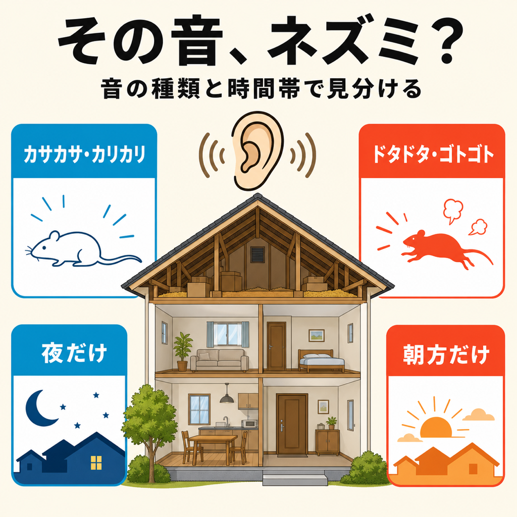 浜松市の住宅で天井裏から聞こえる音の種類と時間帯から動物を見分ける図解
