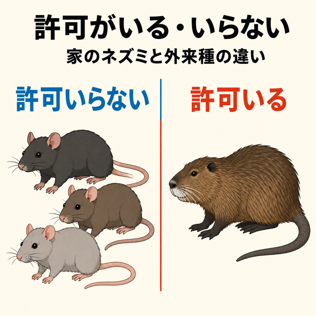 浜松市で家のネズミは鳥獣保護管理法の対象外、ヌートリアは対象という違いを示した図解