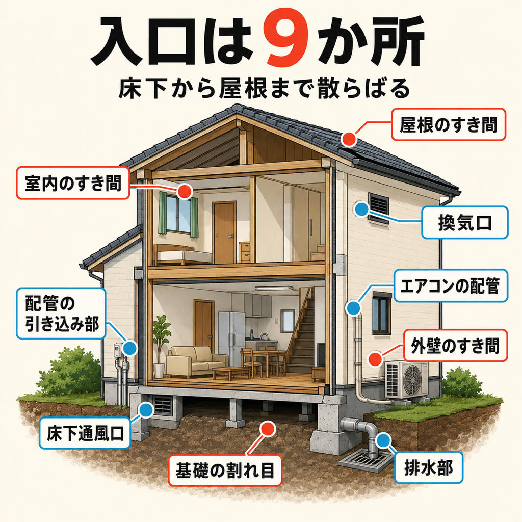 浜松市の戸建てでネズミの侵入口になりやすい9か所を示した家の断面図解