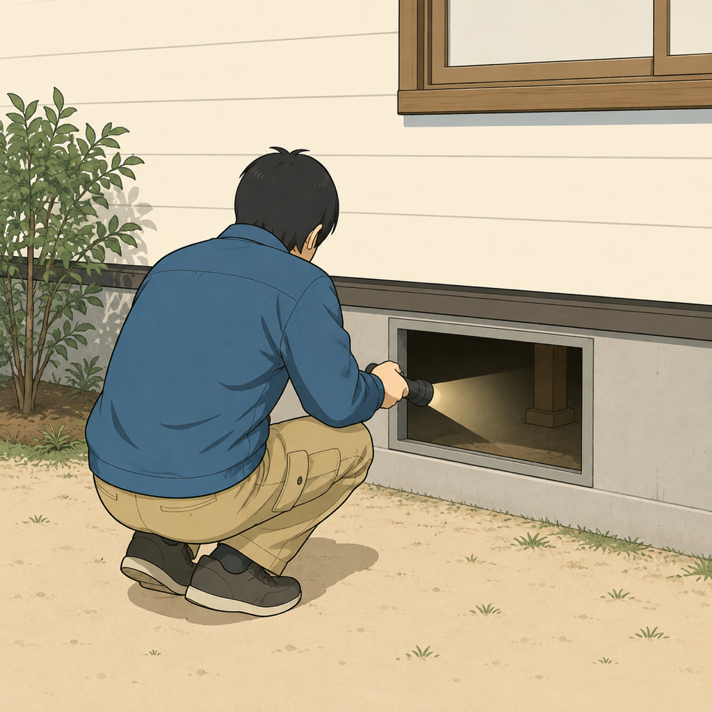 浜松市の戸建ての床下通風口を懐中電灯で照らして確認する場面