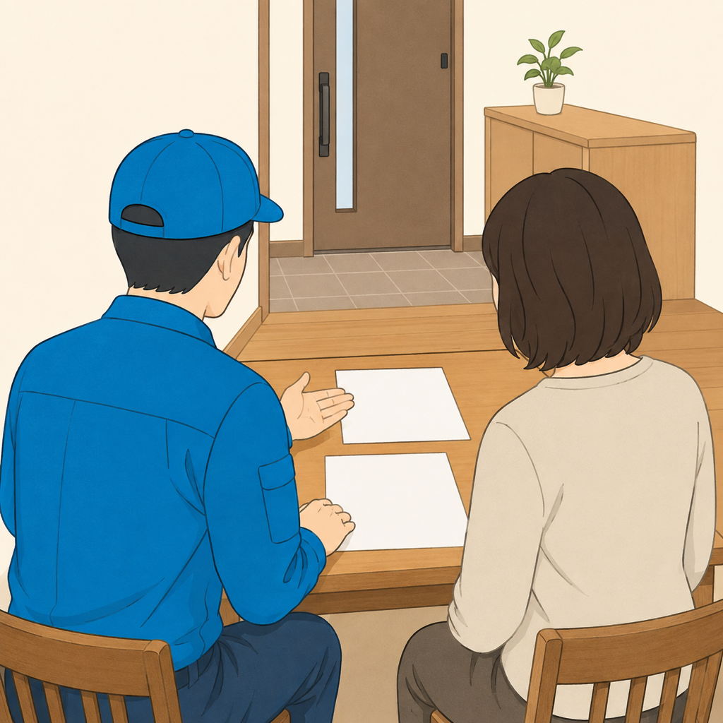 浜松市の住宅で書類を挟んで作業員と住人が向かい合って話す場面