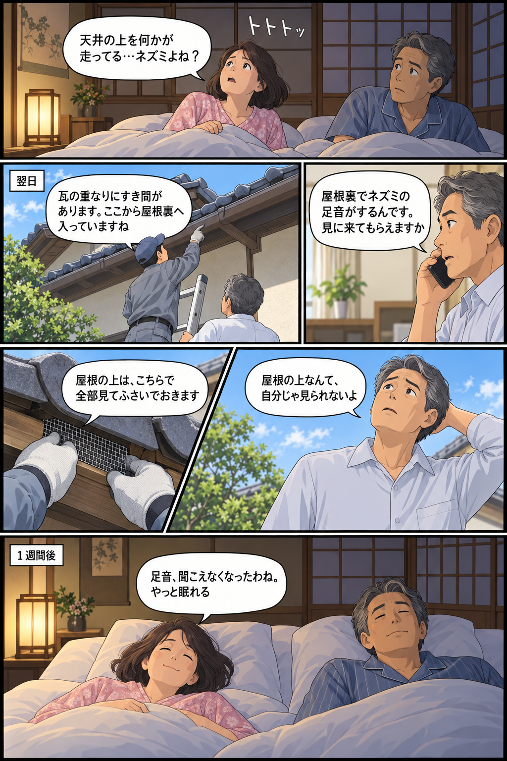 彦根市の夫婦が屋根裏の足音で業者を呼び、瓦のすき間の入口を見つけてふさいでもらうまでの4コマ漫画