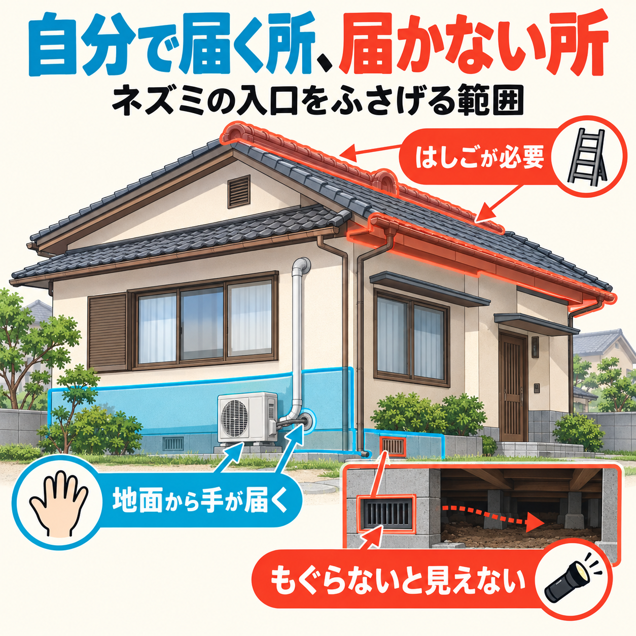 戸建ての外まわりを、地面から手が届く所・はしごが必要な瓦の上・もぐらないと見えない床下の奥の3つに色分けし、自分でネズミの入口をふさげる範囲を示した図解