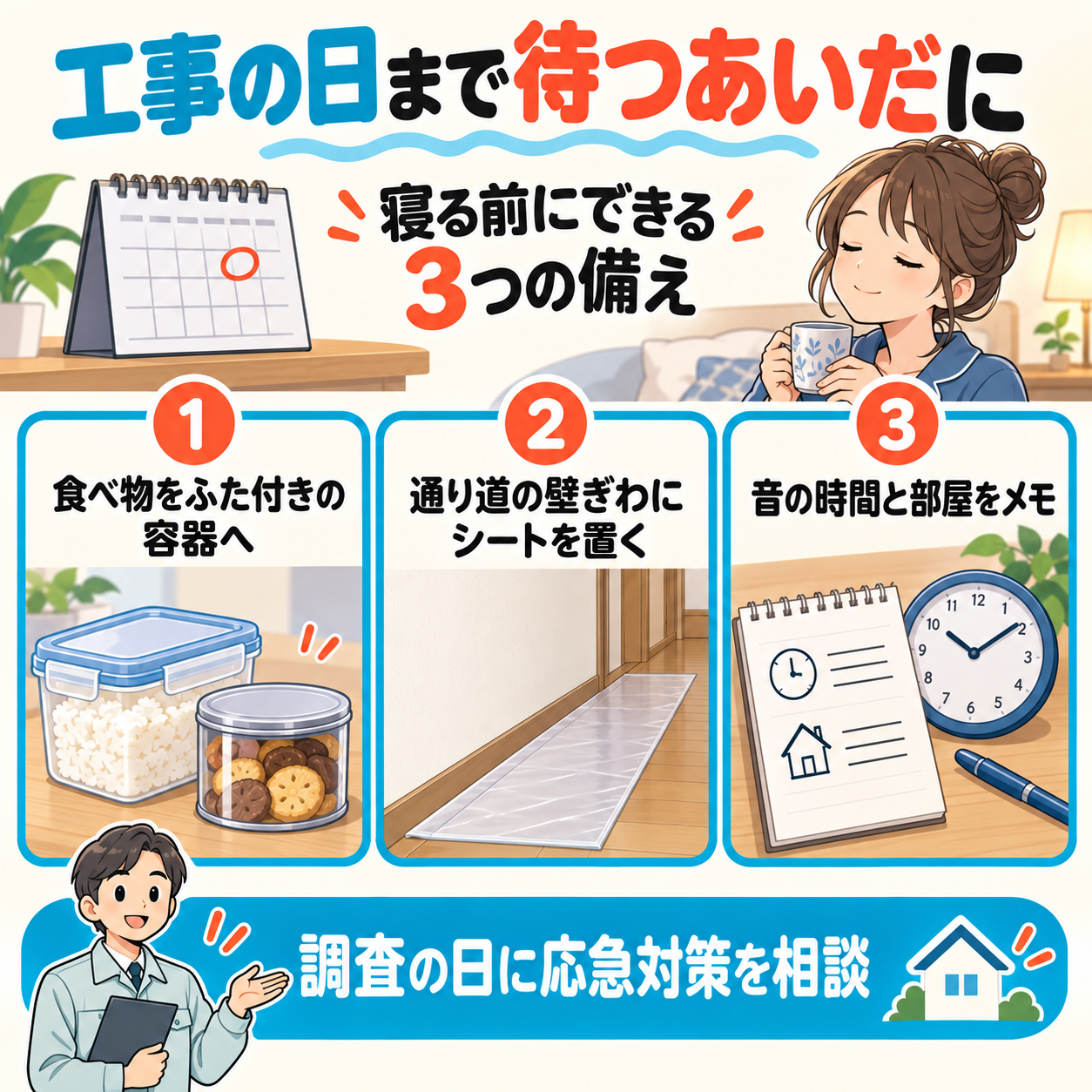 ネズミ駆除の工事の日まで待つあいだに家でできる3つのこと(食べ物をふた付き容器へ・通り道の壁ぎわにシート・音の時間と部屋をメモ)と、調査の日に応急対策を相談することを示した図解