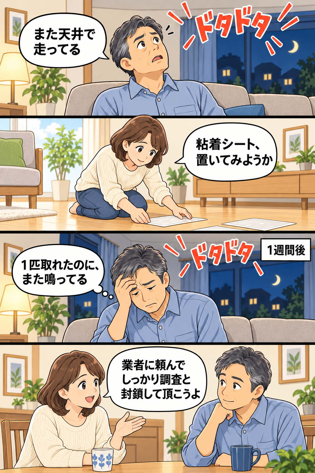 姫路市の夫婦が天井裏のネズミを自力で試して限界を感じ、業者に調査と封鎖を依頼すると決める4コマ漫画