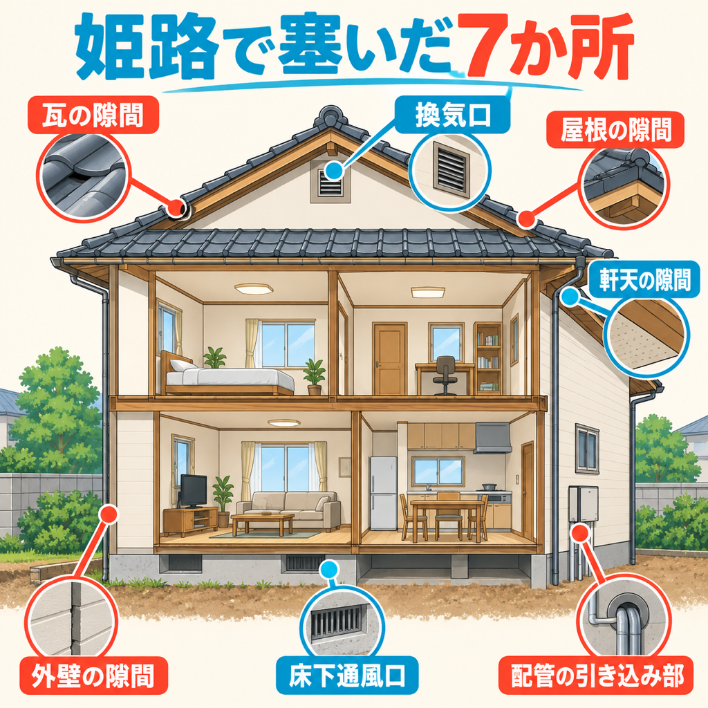 姫路市のネズミ駆除で実際に封鎖した侵入口7か所を家の断面で示した図解