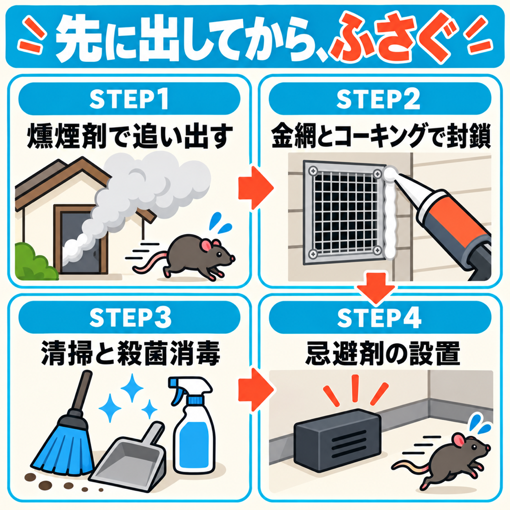姫路市のネズミ駆除で行う追い出し・封鎖・清掃消毒・忌避剤設置の4工程を示したステップ図解