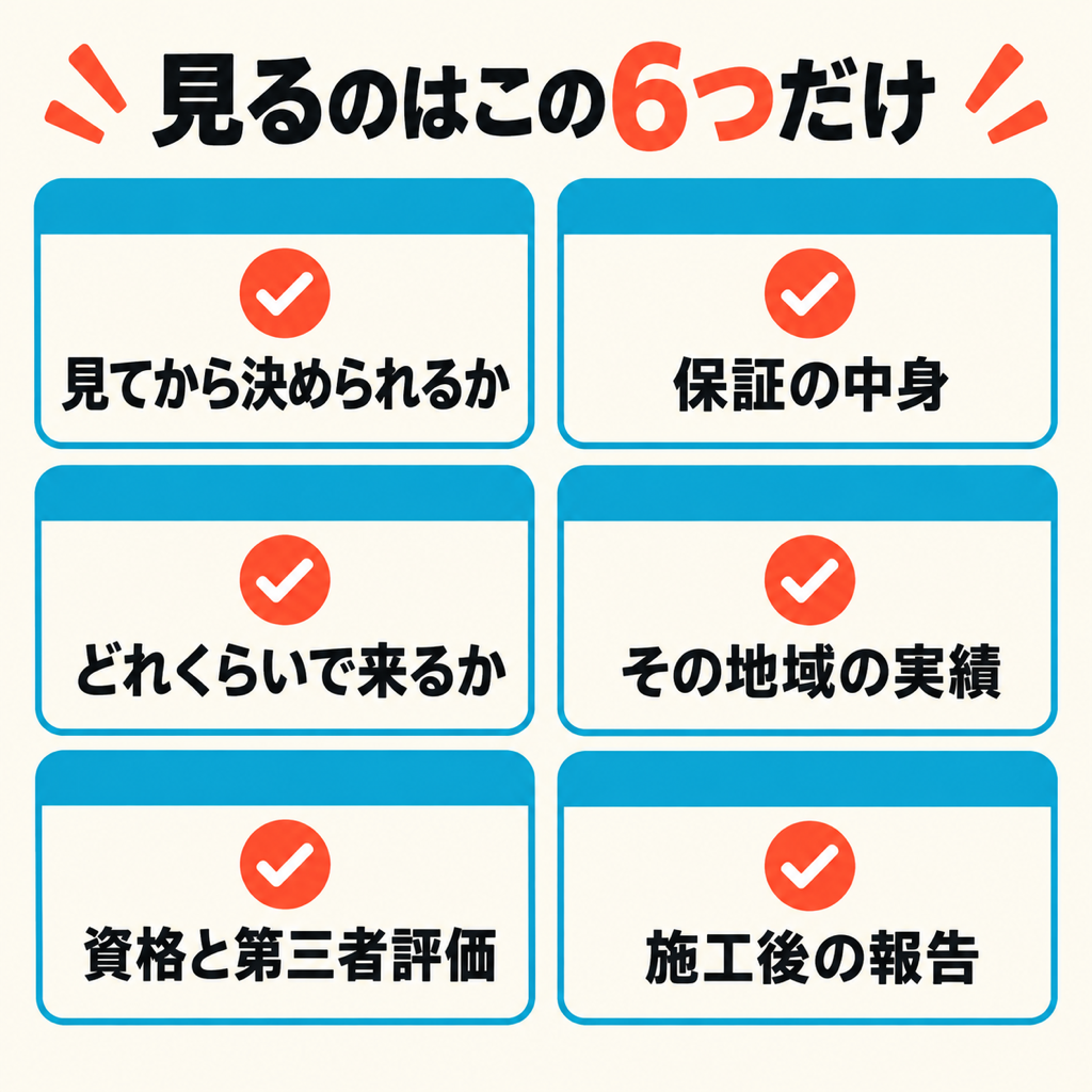 ネズミ駆除業者を選ぶときに確認する6つの項目をチェックリストで示した図解