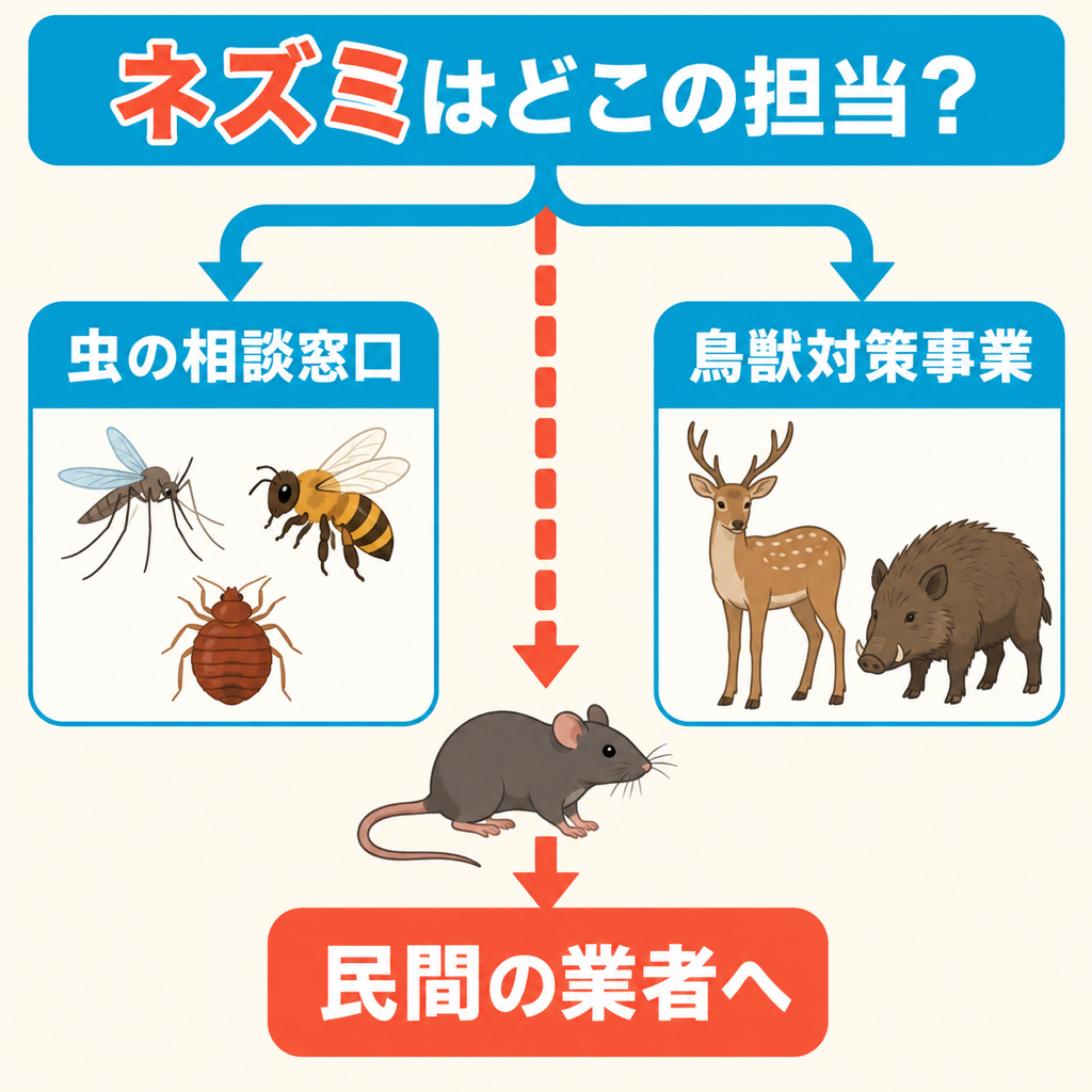 姫路市の虫の相談窓口と鳥獣対策事業の担当範囲を示し、家のネズミがどちらにも入らず民間業者の対応になることを示した分岐図
