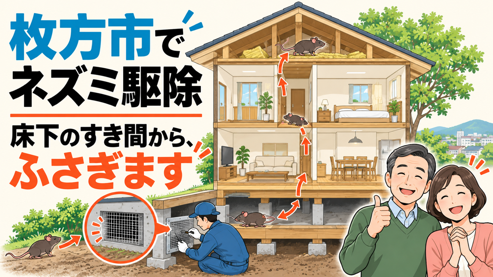 枚方市でネズミ駆除を検討する家の断面図。床下通風口から天井裏へ続く侵入ルートと、通風口に金網を取り付ける作業員