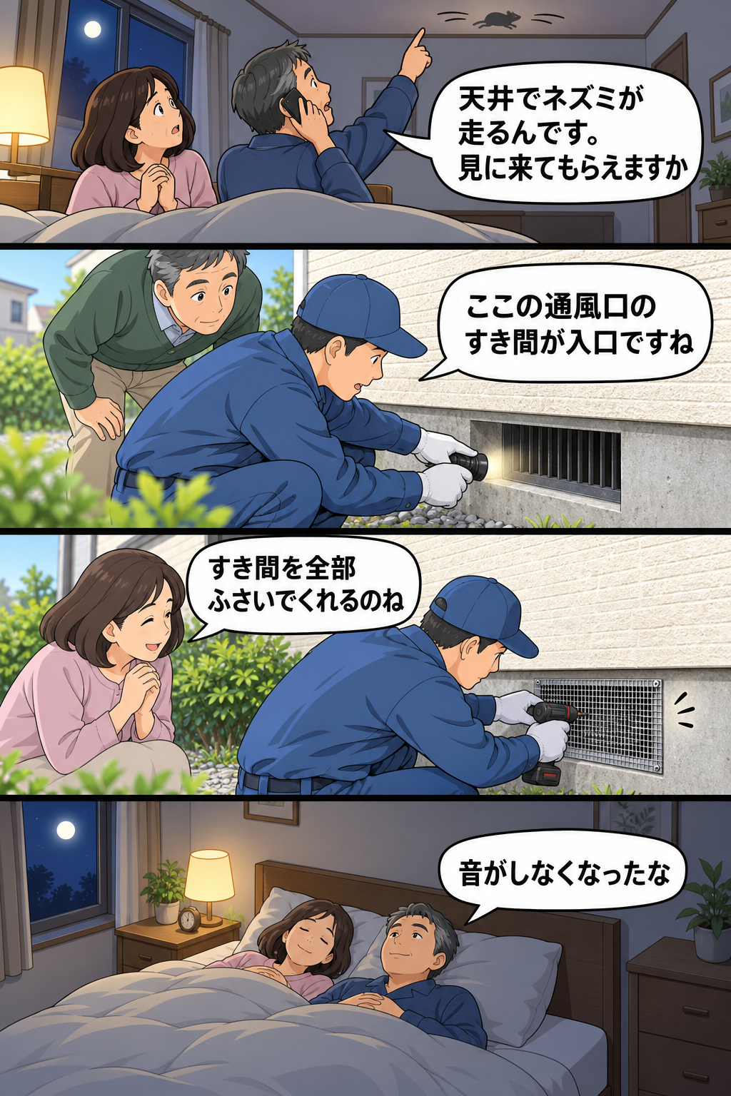 枚方市の50代夫婦が天井のネズミの音で業者に電話し、床下通風口のすき間を金網でふさいでもらって静かな夜を取り戻す4コマ漫画