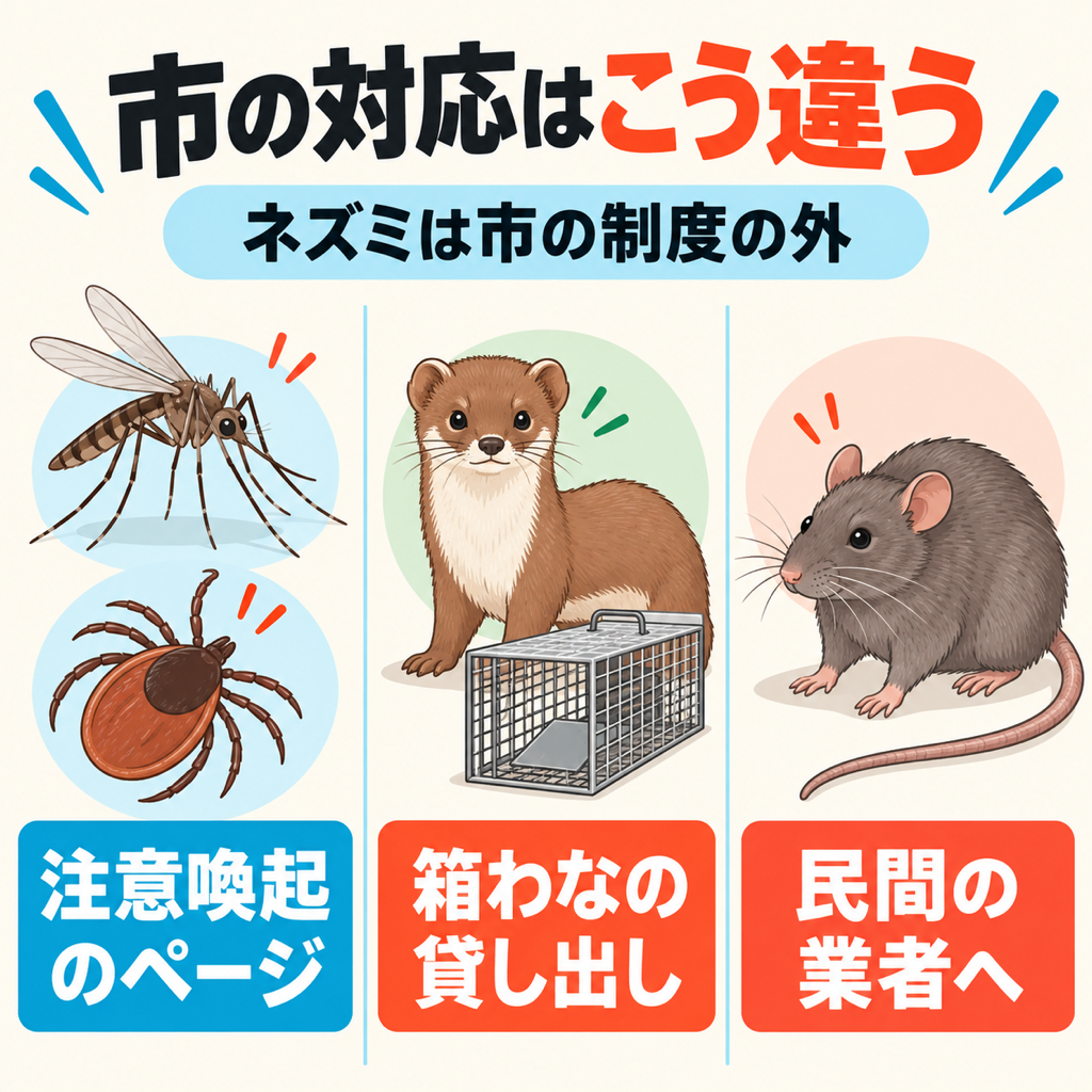 枚方市の対応の違いを示す図解。蚊やマダニは注意喚起、イタチは箱わなの貸し出し、家ネズミは市の制度の外で民間業者に相談