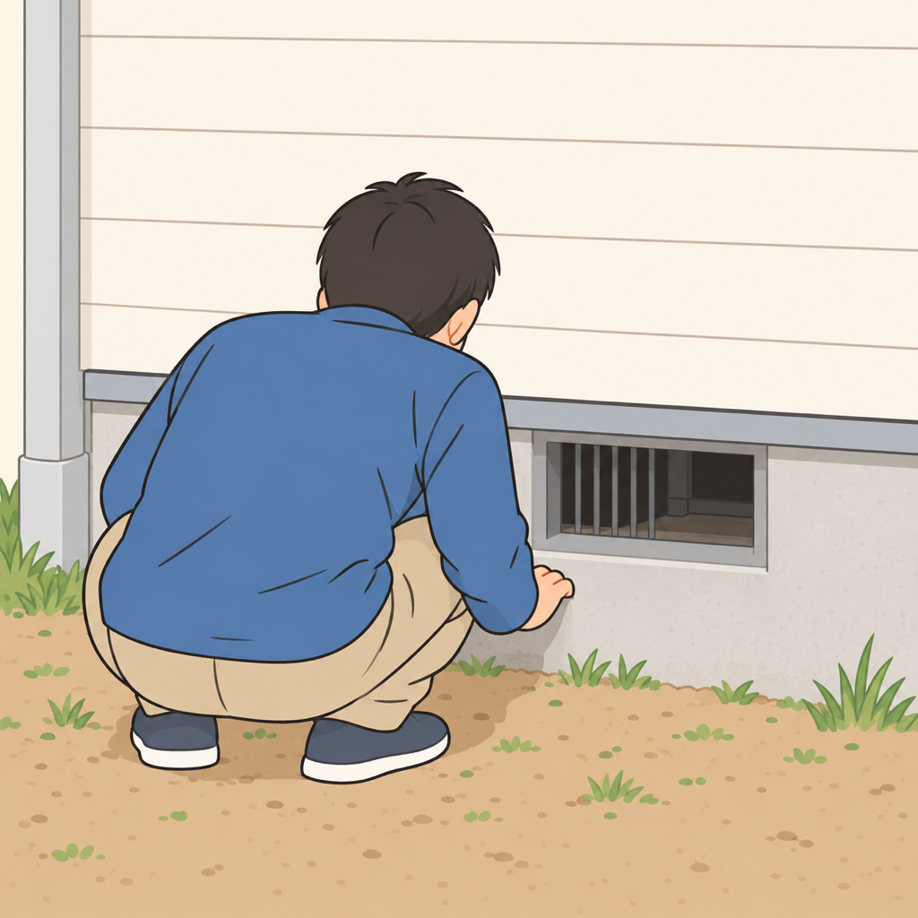枚方市の住宅で、家の外周にある床下通風口の前にしゃがんでのぞき込む住人の後ろ姿
