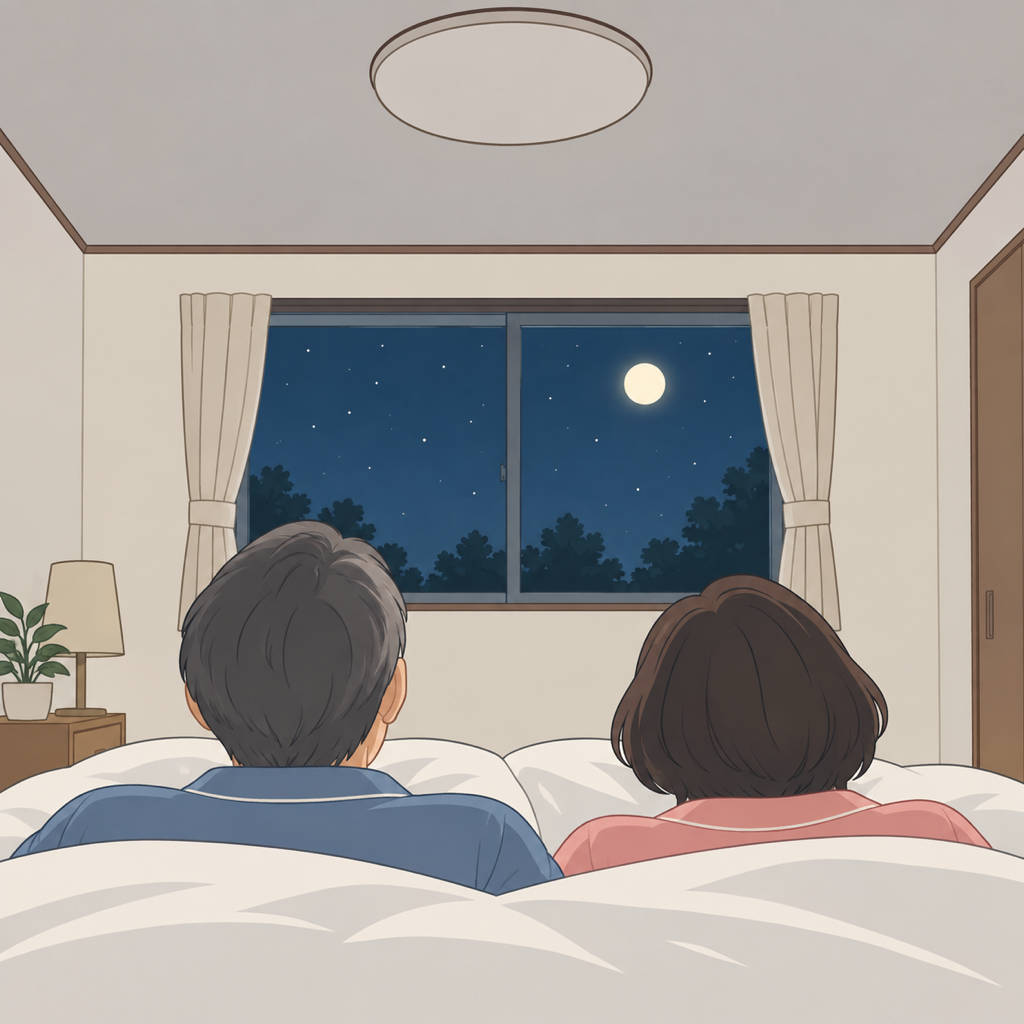 枚方市の住宅の夜の寝室で、天井を見上げる50代の夫婦の後ろ姿