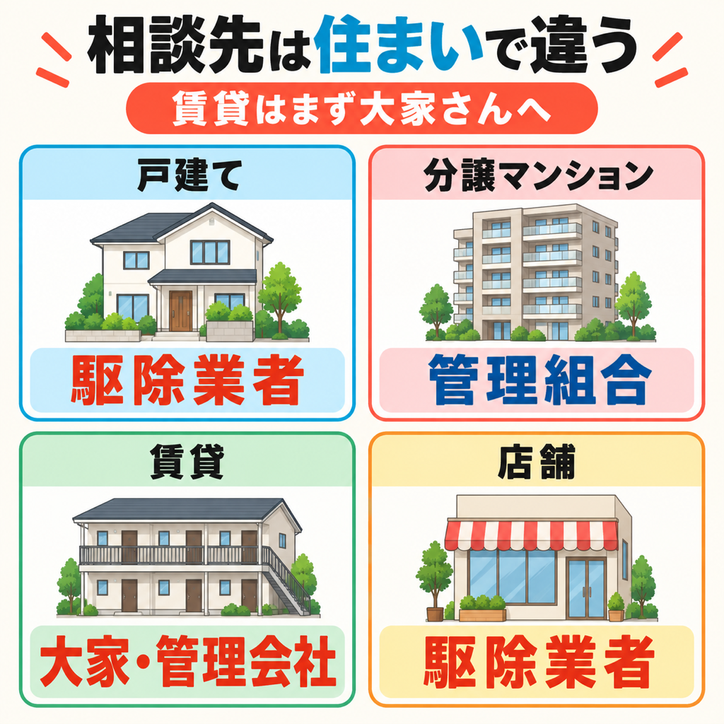 戸建て・分譲マンション・賃貸・店舗の4つの住まい別に、ネズミ被害で最初に相談する先を示した図解