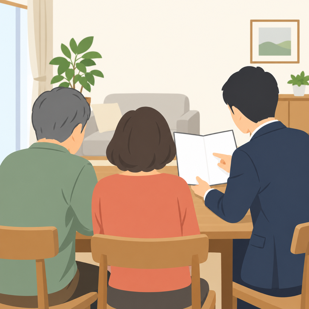 枚方市の住宅のリビングで、担当者から見積書の説明を受ける50代の夫婦を後ろから描いた場面