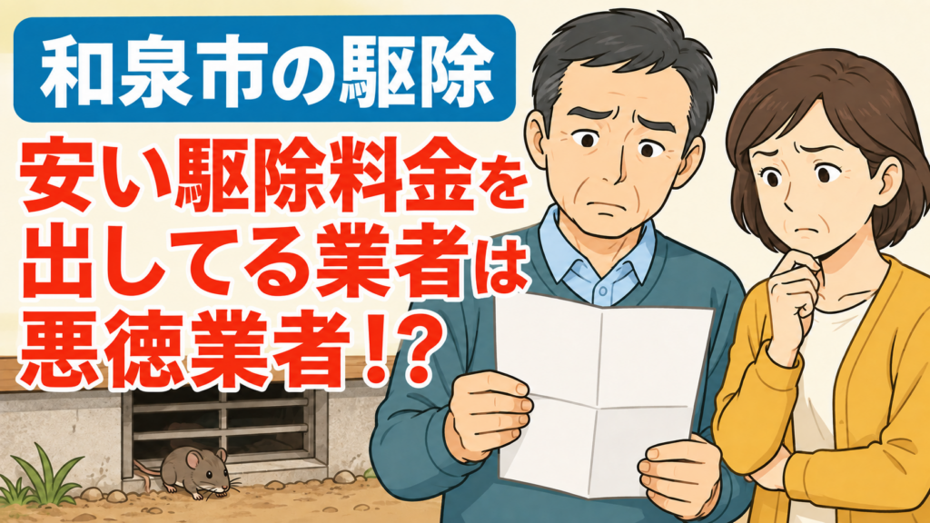 和泉市のネズミ駆除で安い駆除料金を出す業者に注意を促すアイキャッチ。見積書を持つ50代夫婦と床下通風口から出るネズミ