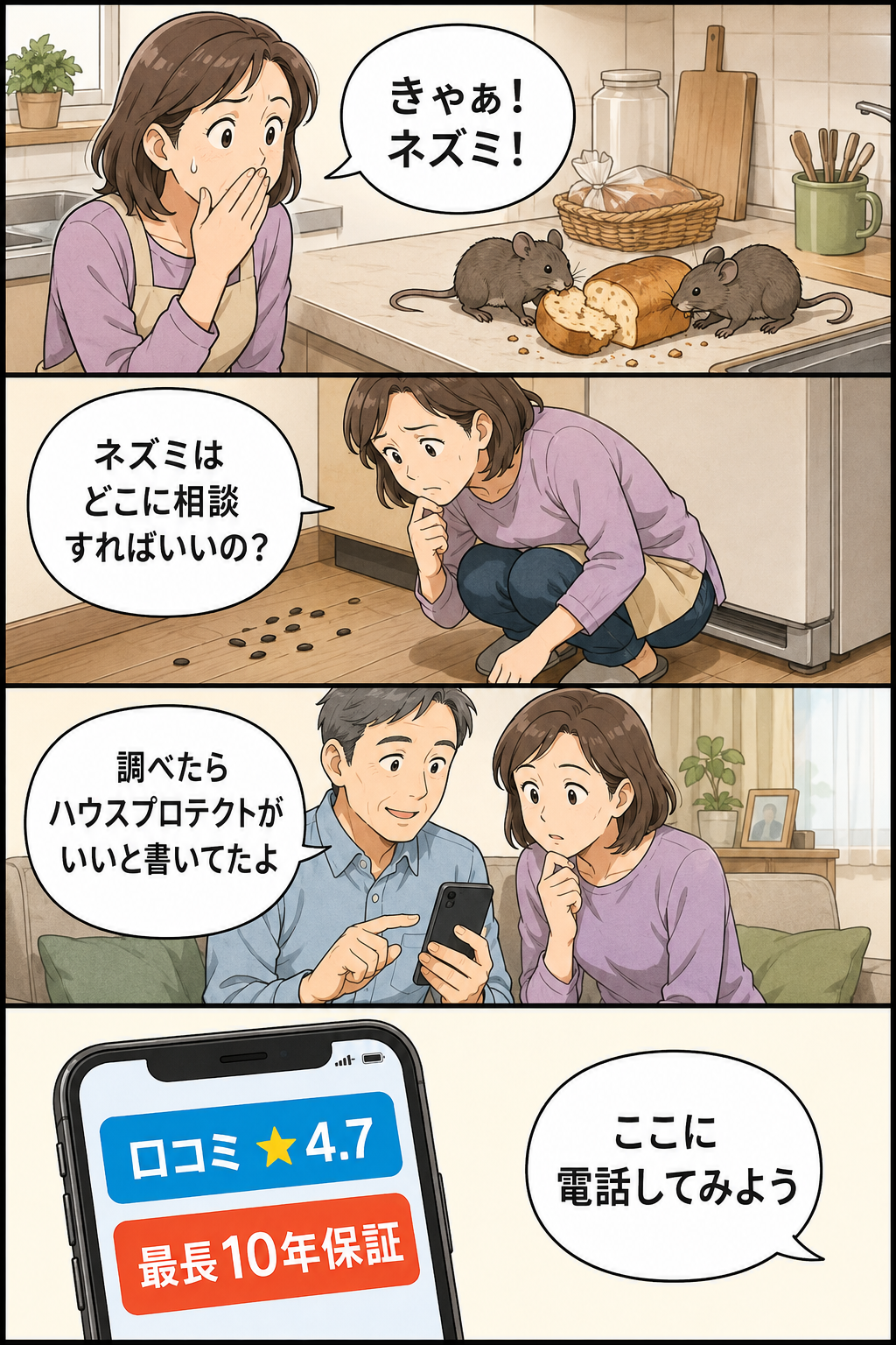 和泉市の主婦が台所でネズミを見つけ、相談先を調べてハウスプロテクトに電話するまでの4コマ漫画