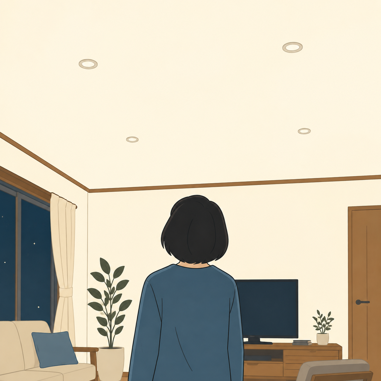 夜の住宅で天井を見上げる住人の後ろ姿。和泉市のネズミ被害のイメージ