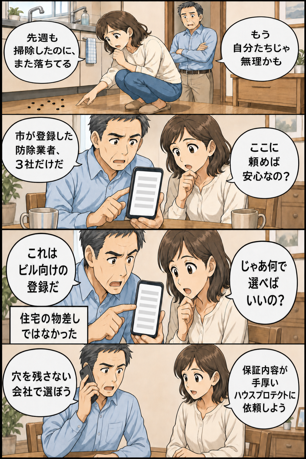 川越市でネズミの物音に気づいた夫婦が、市役所には駆除を頼めないと知り、業者を比べて電話するまでの4コマ漫画