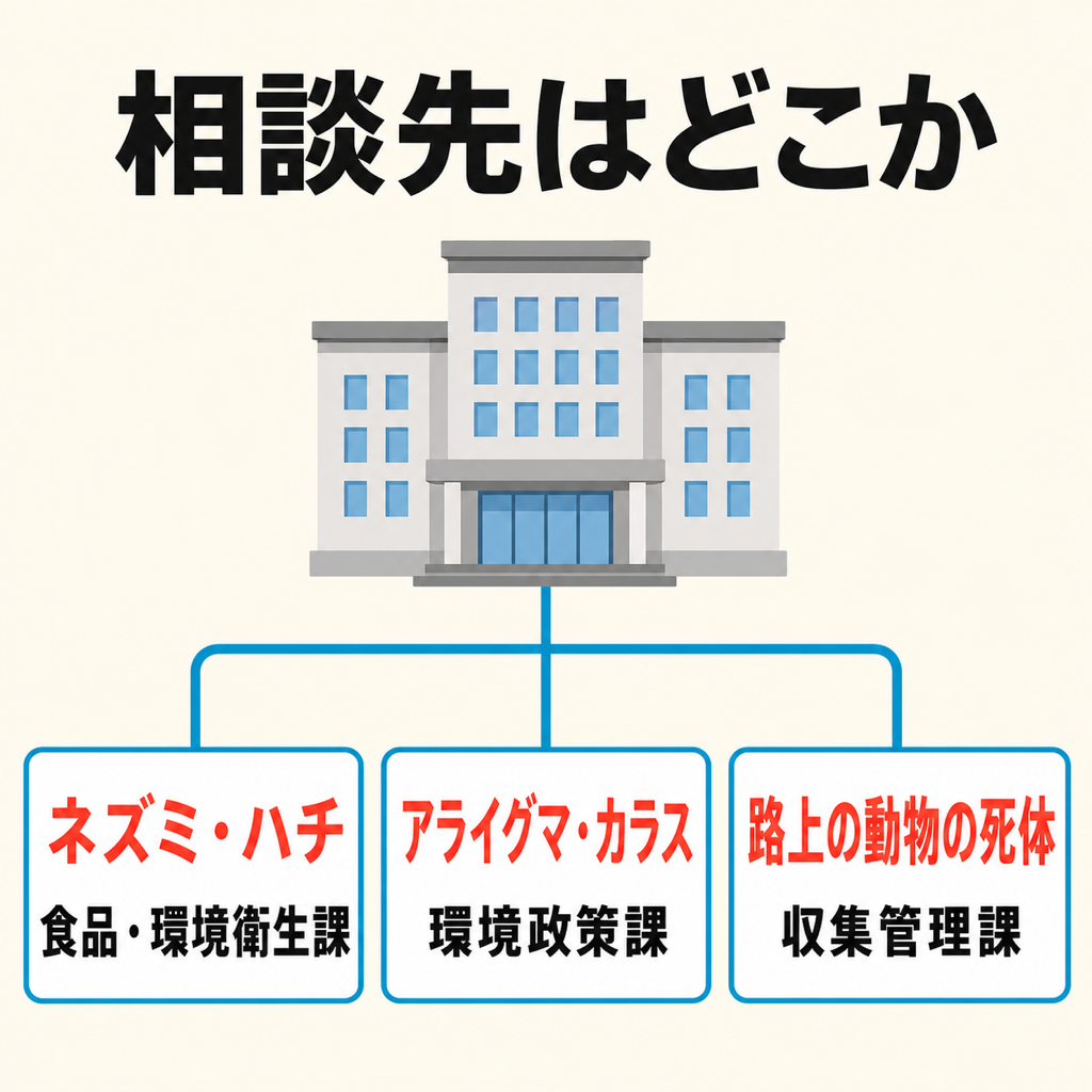 川越市でネズミの相談先が食品・環境衛生課、アライグマが環境政策課、路上の死体が収集管理課に分かれることを示した図解