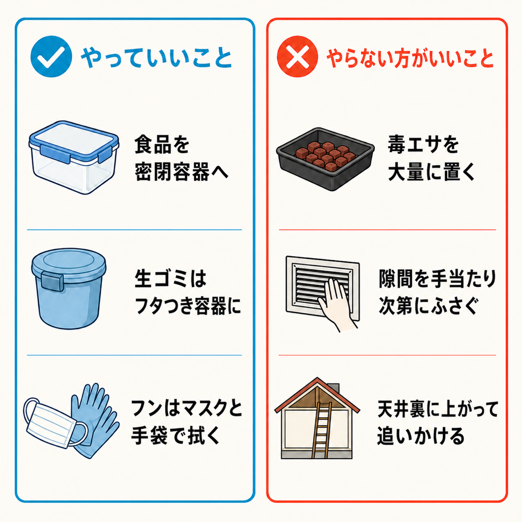 ネズミ対策でやっていいことと、やらない方がいいことを左右に並べて整理した図解