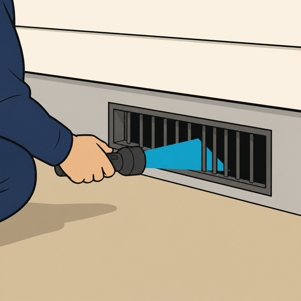 住宅の床下にある通風口を懐中電灯で照らしている場面のイラスト