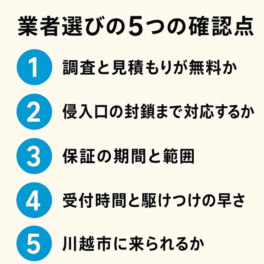 ネズミ駆除業者を選ぶときの5つのチェックポイントをリスト形式でまとめた図解