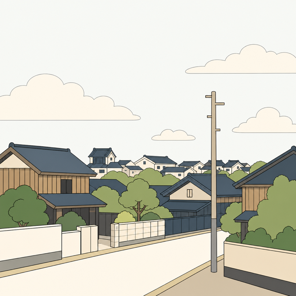 川越市の住宅街を遠景で描いたイラスト