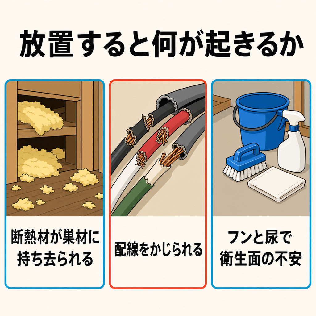 ネズミを放置した場合の断熱材・配線・衛生面への被害を3分割で示した図解