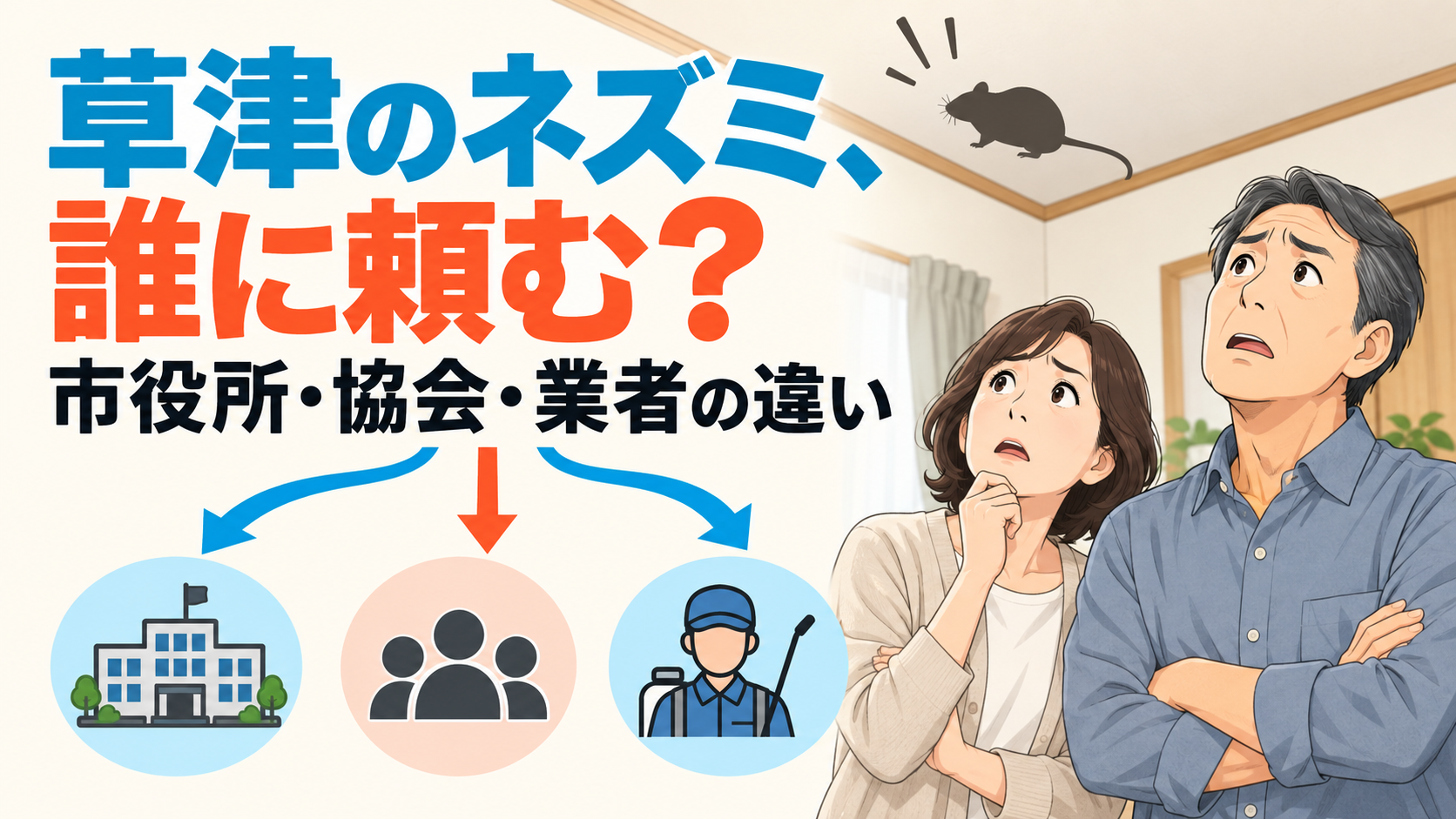 草津のネズミ、誰に頼む？と大きく書き、市役所・協会・業者の3つに分かれる矢印と、天井を見上げて困る50代の夫婦を描いたアイキャッチ