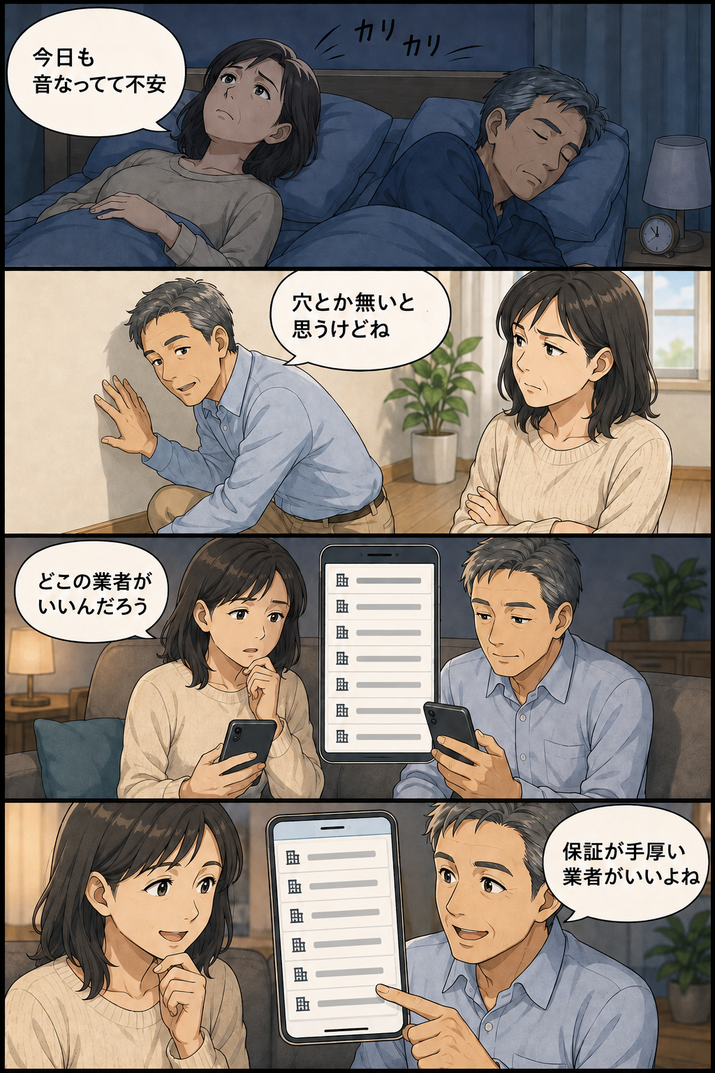 牧之原市の夫婦が天井のネズミの音に気づき業者選びで保証を決め手にするまでの4コマ漫画