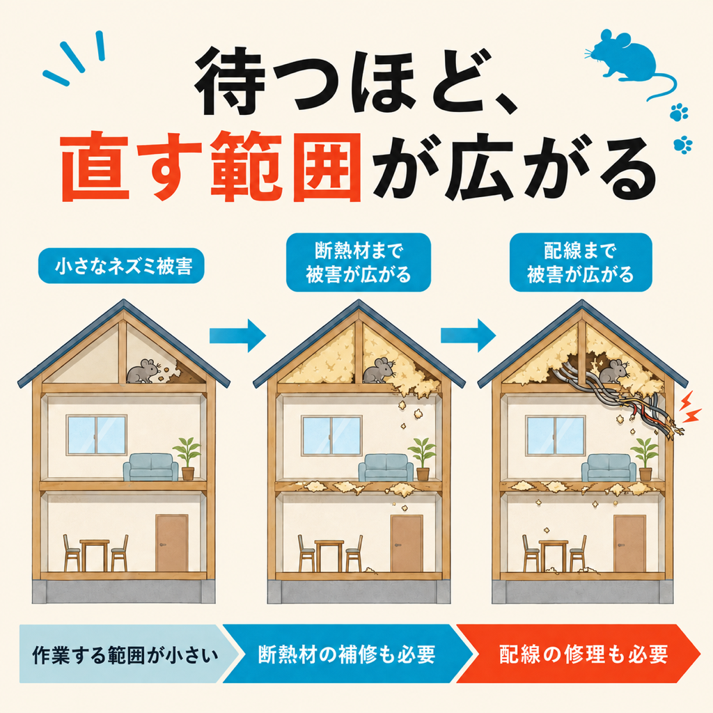 ネズミ被害を放置すると駆除から断熱材交換や配線補修まで範囲が広がることを示す図解