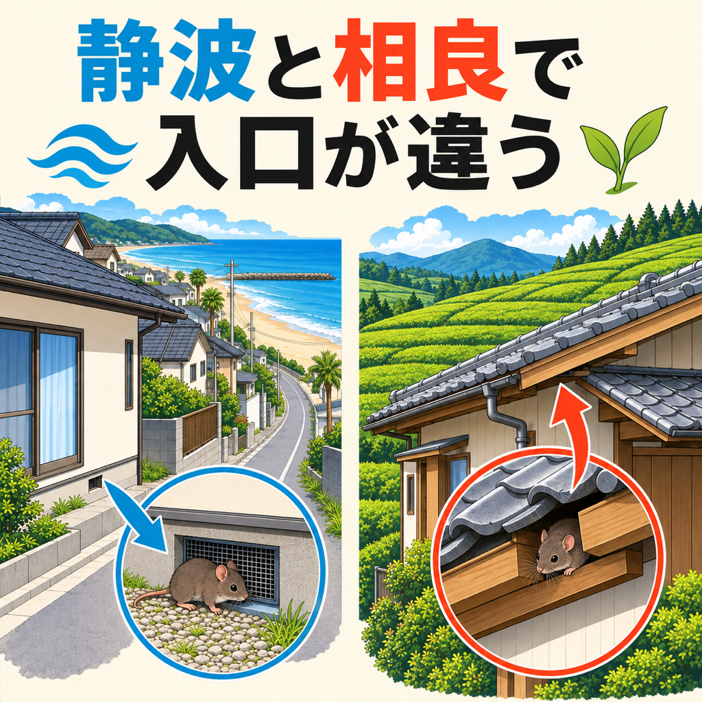 牧之原市の静波など海沿いと相良など茶畑の台地でネズミの侵入口が変わることを示す図解