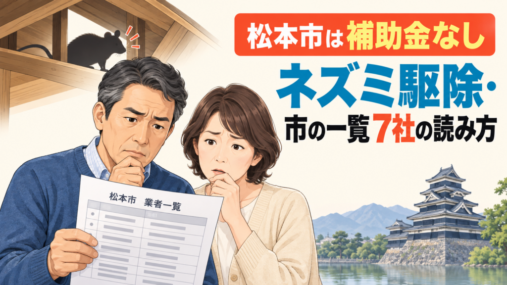 松本市のネズミ駆除は補助金なし。市の防除事業者一覧を手に困る夫婦と天井裏のネズミを描いたアイキャッチ