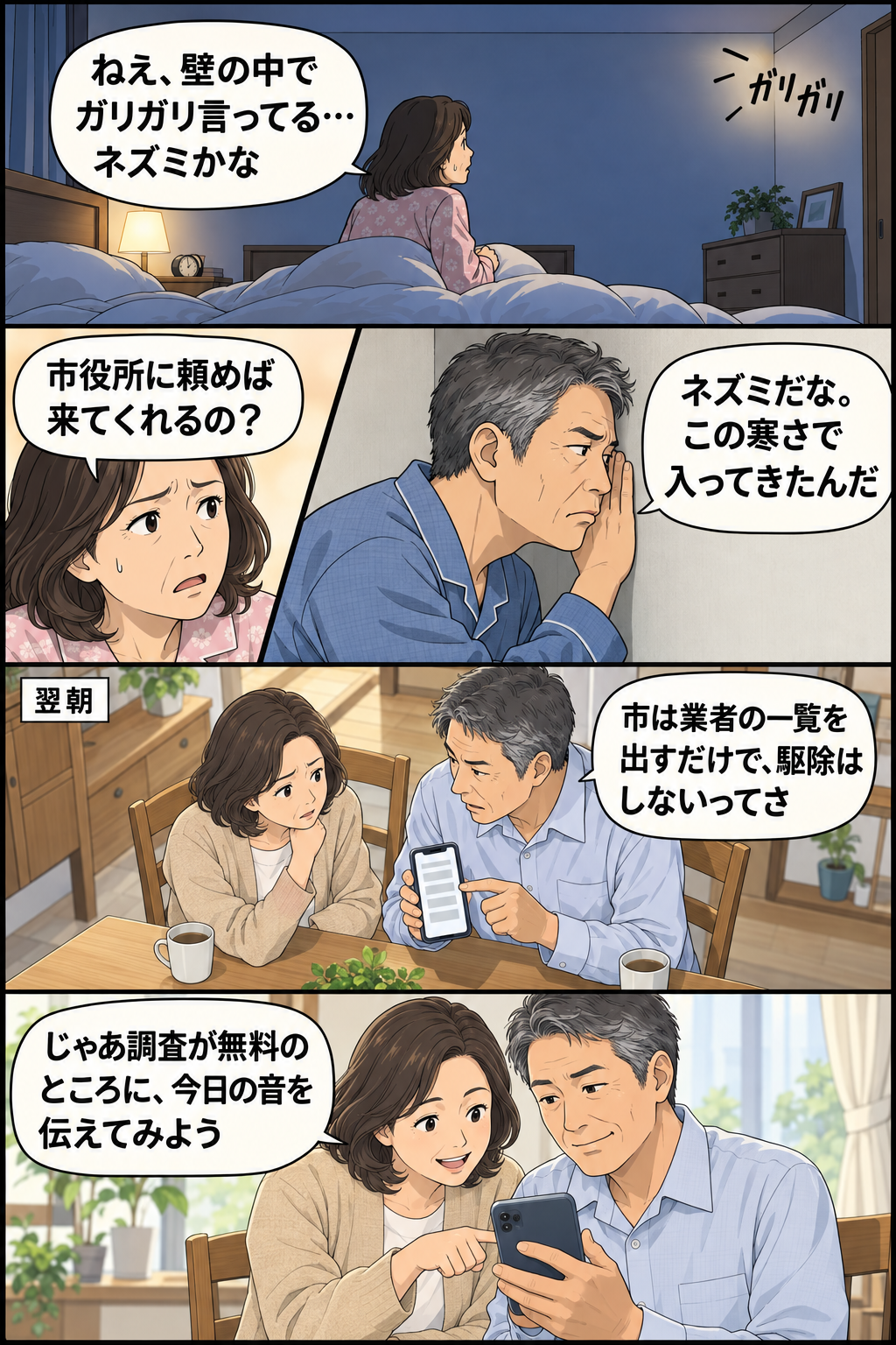 松本市でネズミの音に気づいた夫婦が、市役所には頼めないと知って調査無料の業者に相談するまでの4コマ漫画