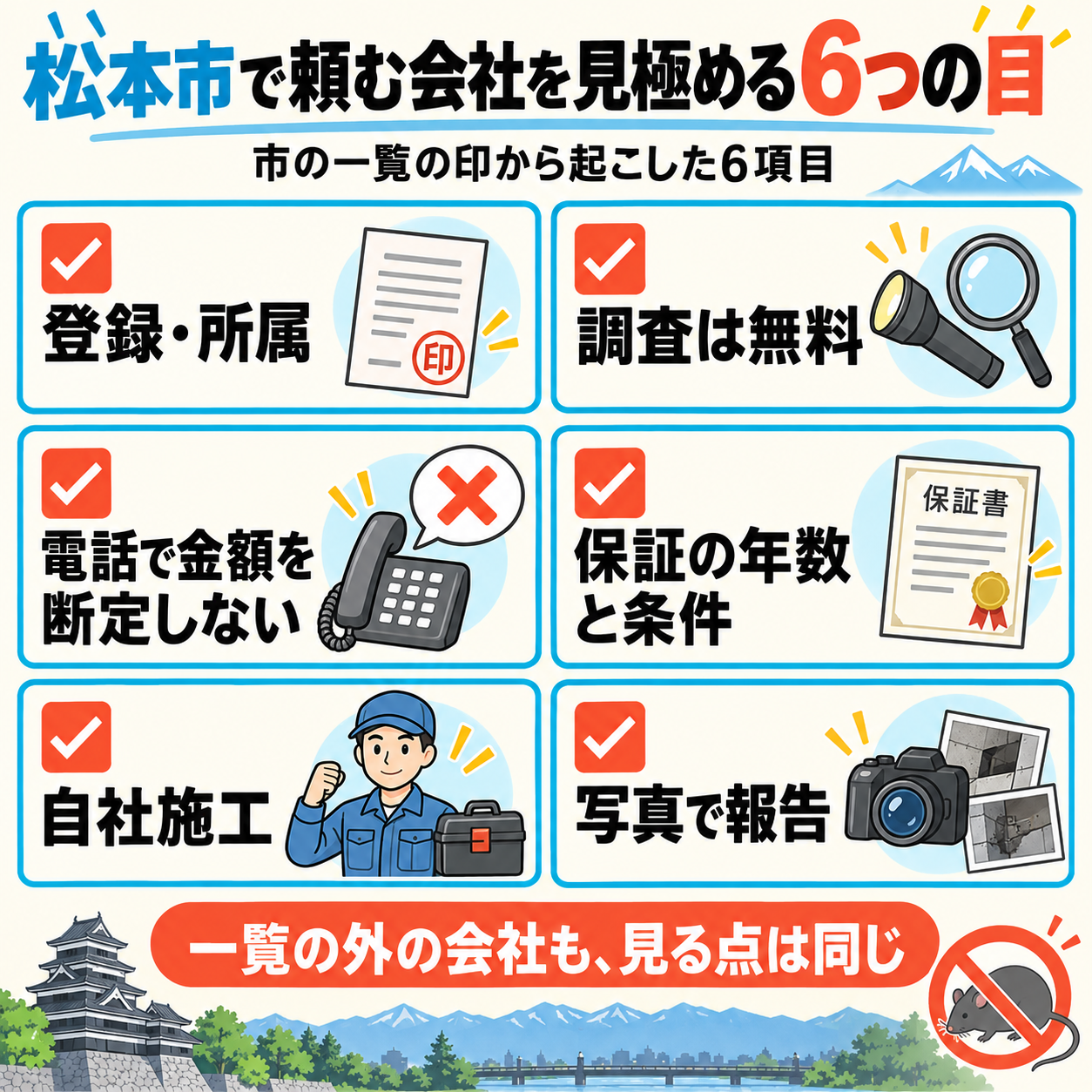 松本市でネズミ駆除の会社を見極める6項目のチェックリスト図解。登録・調査無料・電話で金額を断定しない・保証・自社施工・写真報告
