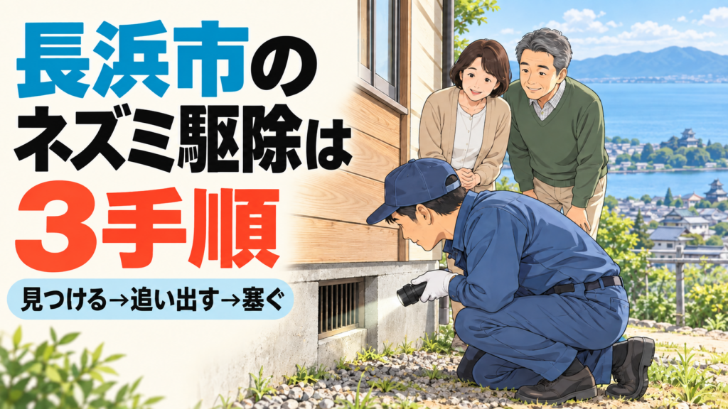 長浜市のネズミ駆除は3手順と大きく書き、懐中電灯で床下の通気口を照らす作業員と見守る夫婦、琵琶湖と城下町を描いたアイキャッチ画像