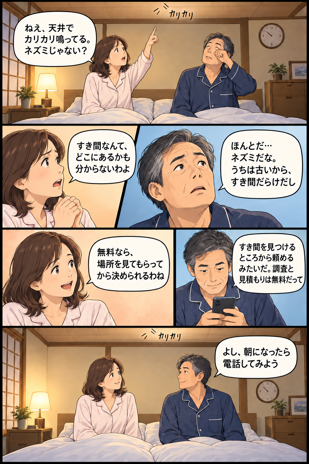 長浜市の夫婦が夜中に天井のカリカリ音でネズミに気づき、すき間を見つけるところから業者に頼もうと決める4コマ漫画
