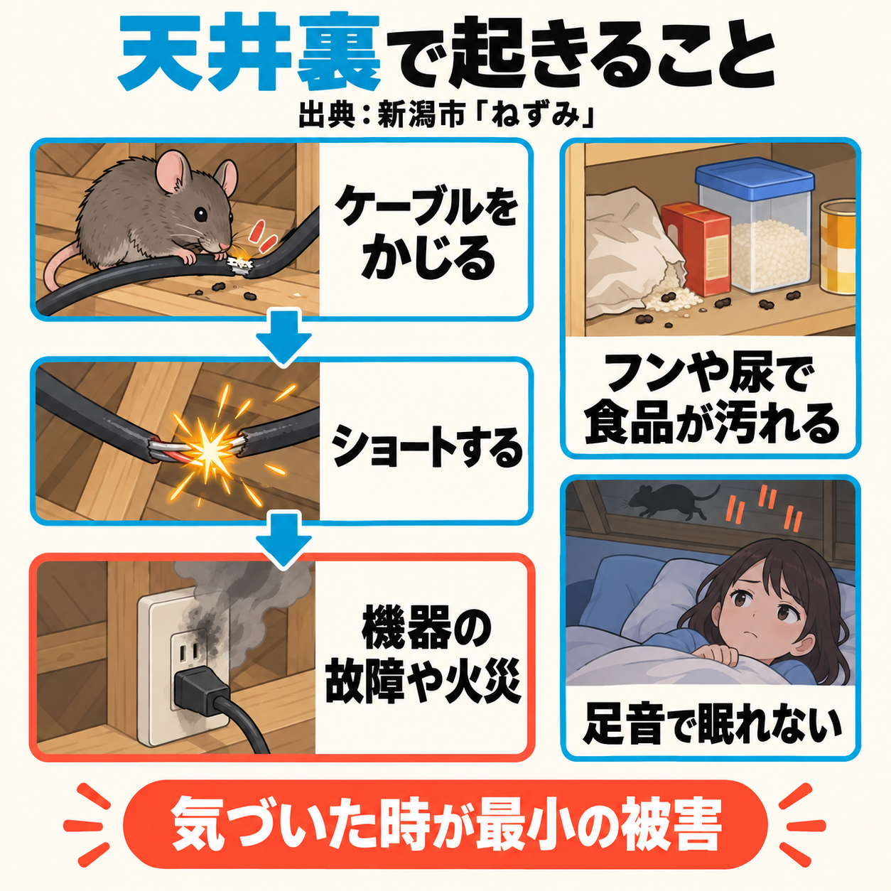長浜市の住宅で天井裏のネズミを放置すると、ケーブルをかじり、ショートして火災や機器の故障につながる流れを示した図解