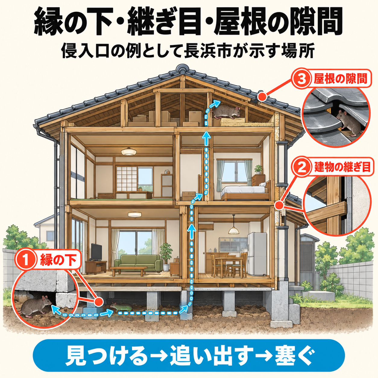 長浜市の木造住宅の断面図で、ネズミが入りやすい縁の下・建物の継ぎ目・屋根の隙間の3か所を示した図解