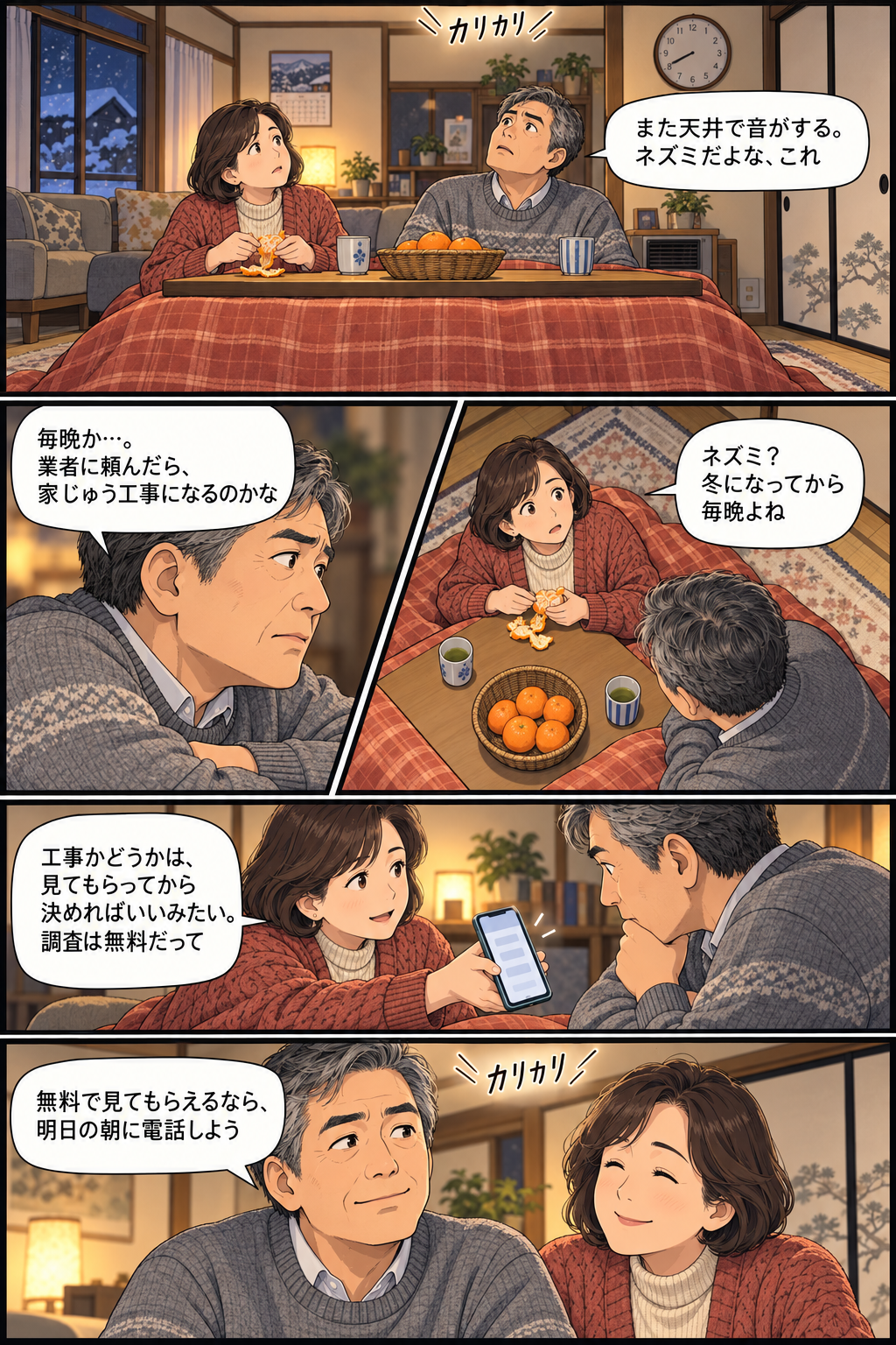 長野市の50代夫婦が冬の夜にこたつの居間で天井の音に気づき、調査が無料と知って業者に電話すると決める4コマ漫画