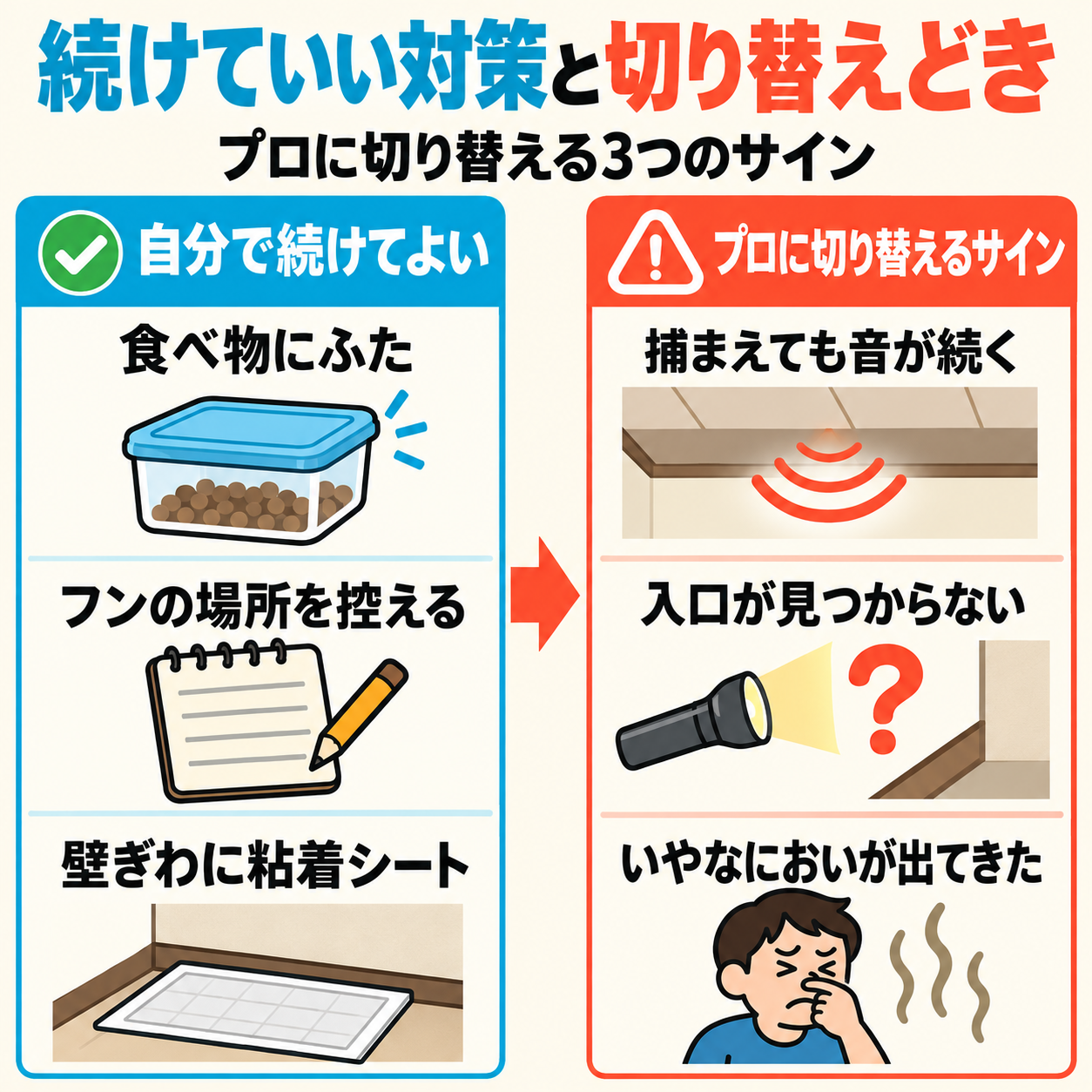 ネズミ対策で自分で続けてよいことと、プロに切り替える3つのサイン(捕まえても音が続く・入口が見つからない・においが出てきた)を左右で比べた図解
