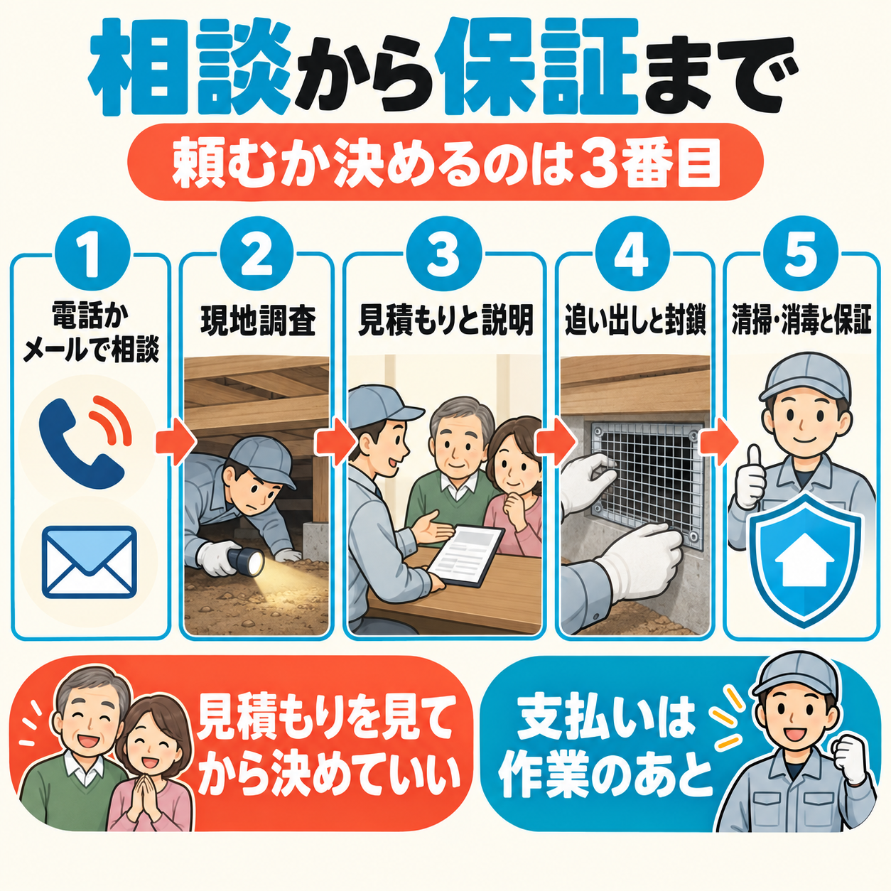 ネズミ駆除の相談から、現地調査、見積もりと説明、追い出しと封鎖、清掃・消毒と保証までの5ステップと、見積もりを見てから決めていい・支払いは作業のあとを示したステップ図解