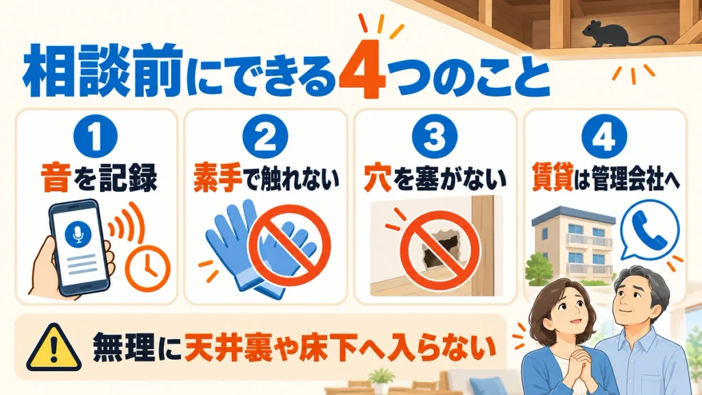 音の記録、素手で触れない、穴を塞がない、賃貸では管理会社へ連絡する手順の図解