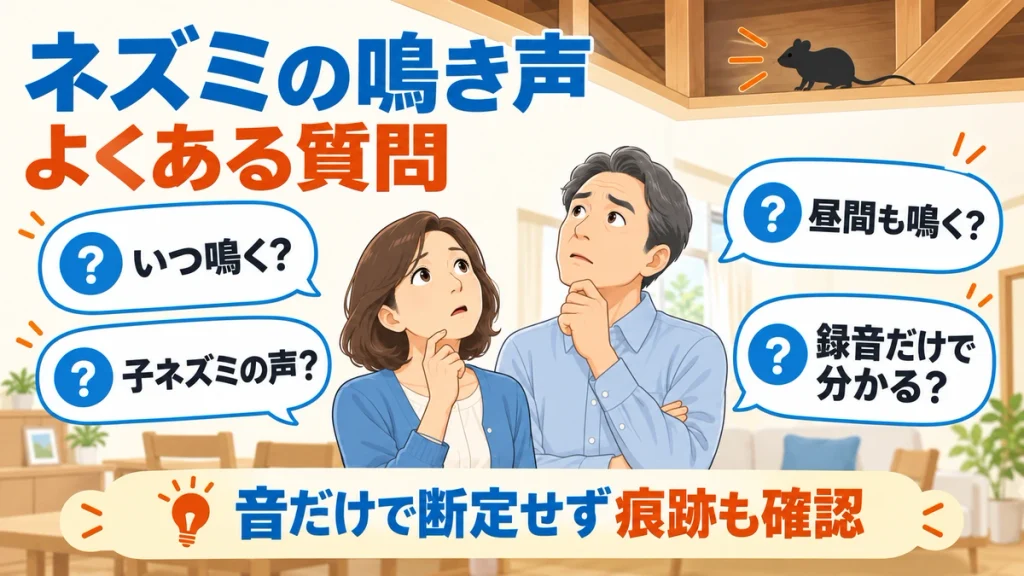 ネズミがいつ鳴くか、子ネズミの声か、昼間も鳴くか、録音で分かるかという質問の図解