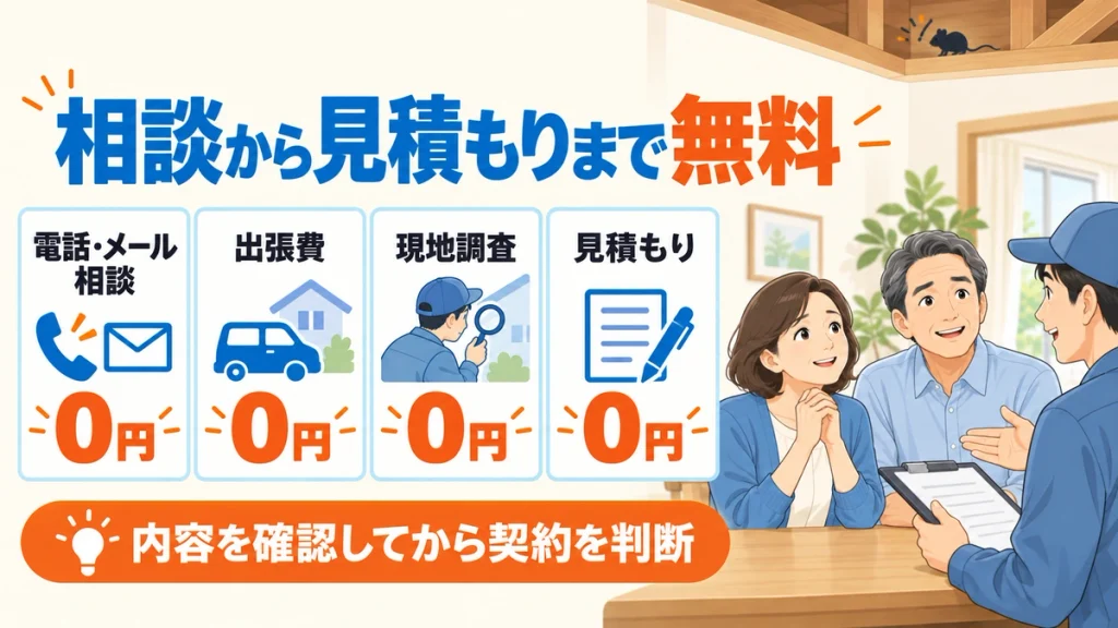 電話・メール相談、出張費、現地調査、見積もりが0円であることを示す図解